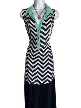 Y2K heartsoul Plus 1X Black White Chevron Tunic Blouse Button Up Mint Collar